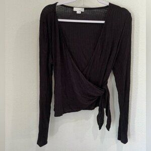 Ten Sixty Sherman Black Wrap Top Boho Contemporary Stretch Long Sleeve Ribbed